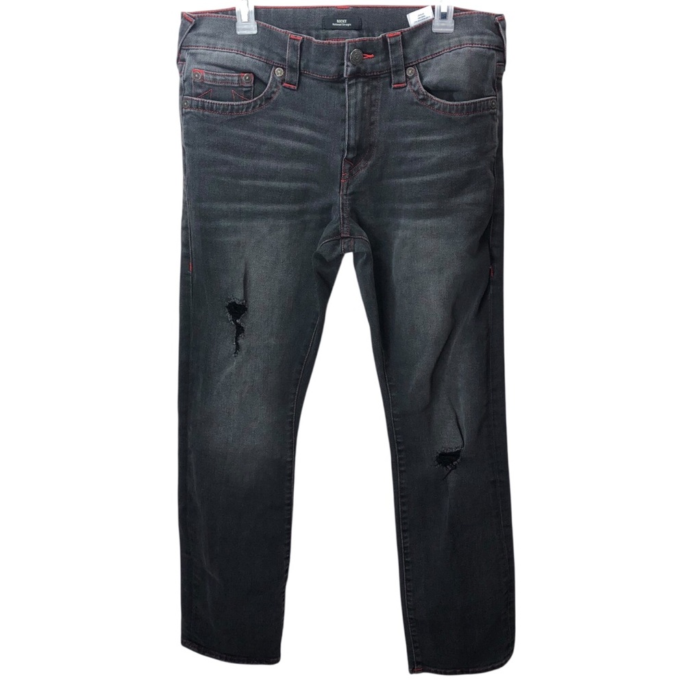 True Religion Men’s Ricky Relaxed Jean Sz 34X33 Washed Black Red Stitch Ripped